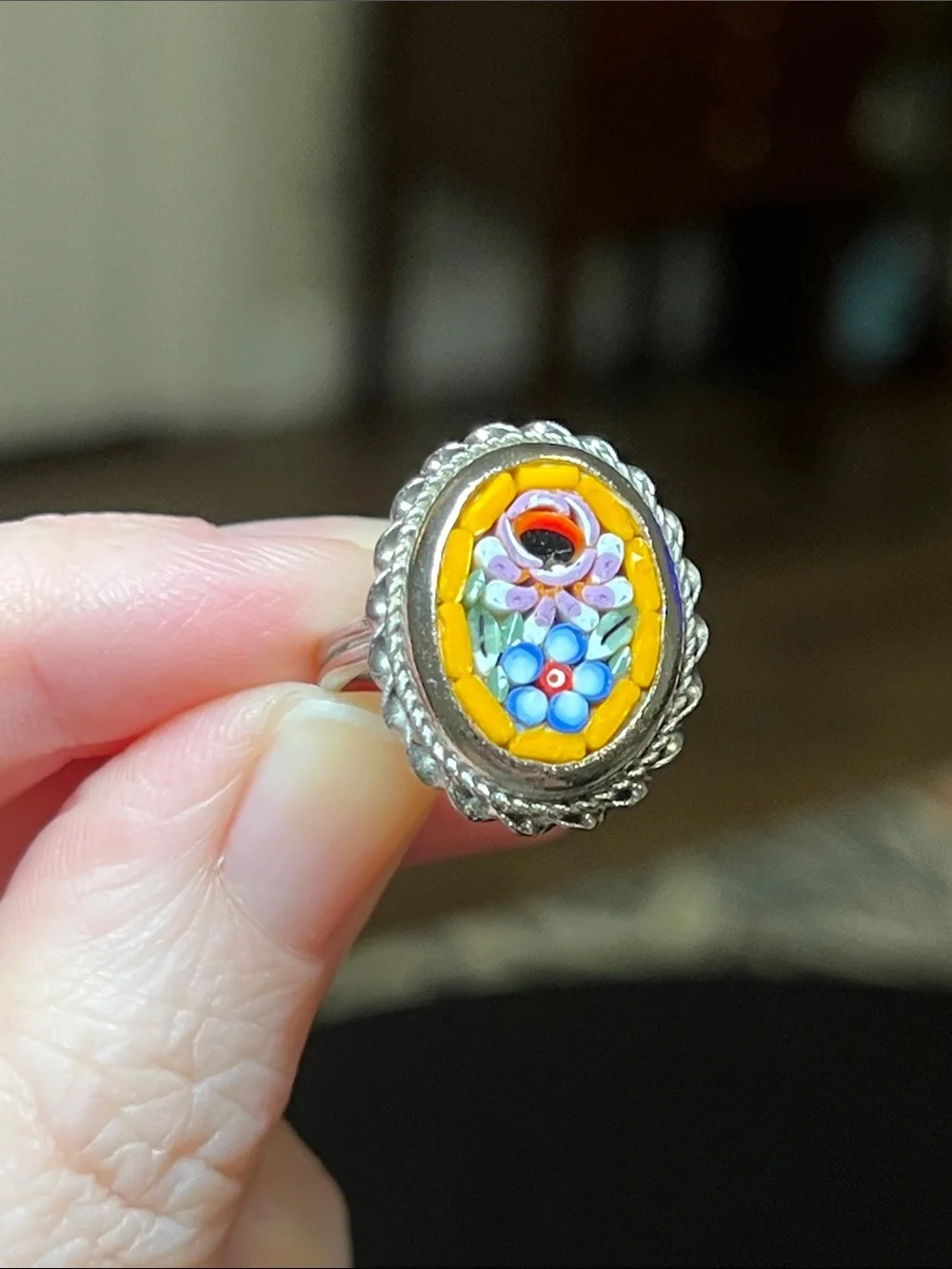Vintage Italian Micromosaic Flower Adjustable Silver Ring